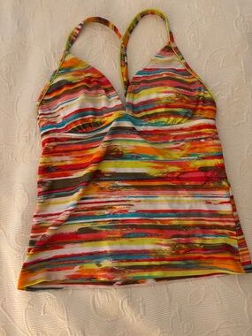 Athleta Sunset Paint Stripe Multicolor Halter Tankini Swim Top, Size S